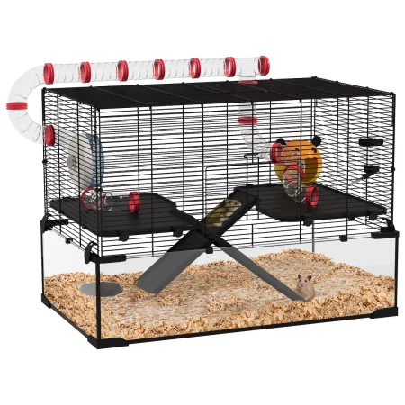 Hamster Cage with, Rat Gerbil Cage w/ Deep Glass Bottom, Water Bottle, Food Dish, Exercise Wheel, Ramps