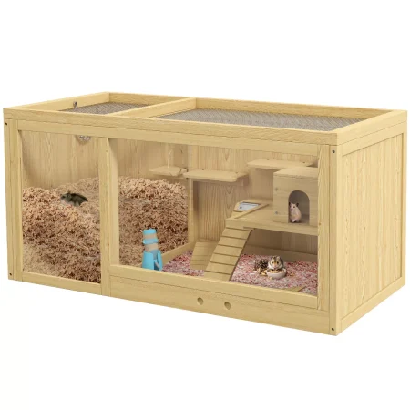 Wooden Hamster Cage, Extra Large Gerbil Cage Activity Center for Dwarf Hamster with Pull-Out Tray, Seesaws, Water Bottle, Ladder