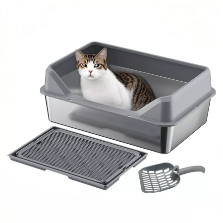 Stainless Steel Cat Litter Box, With High Sides, 4 Silent Anti-slip Pads, Double Layer Litter Mat And Scoop, Easy Clean, Large Enclosure Litter Box